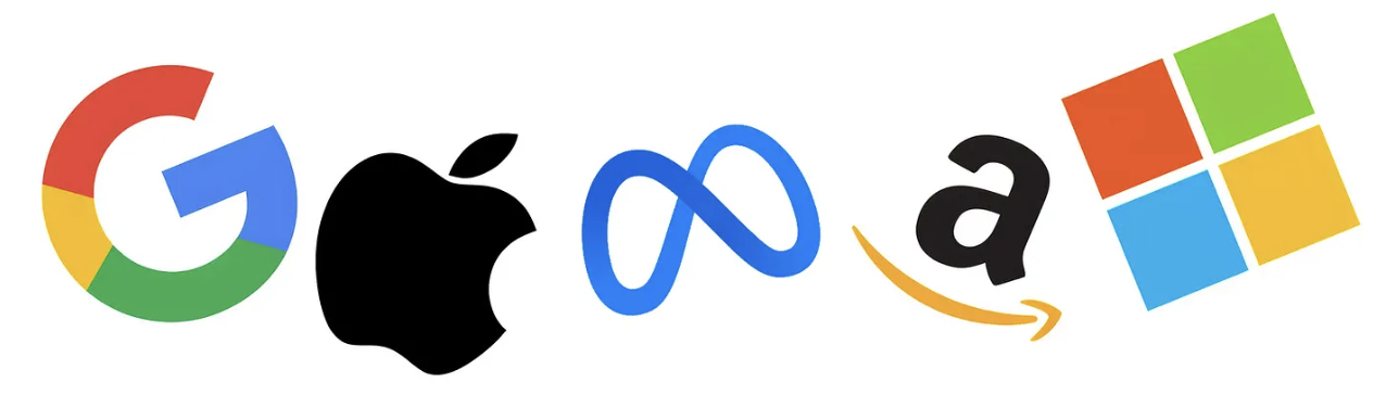 Big tech company logos with redacted environmental report overlay